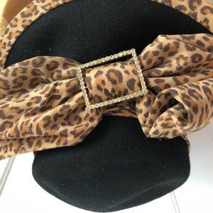 Ladies Black Hat With Leopard Trim And Bow